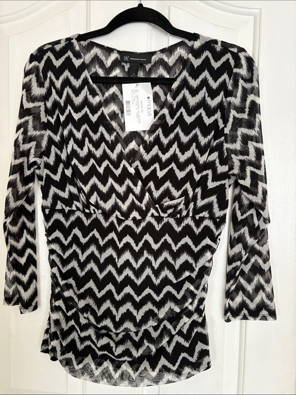 INC International Concepts Black & White Chevron Long-Sleeve Wrap Top Dress